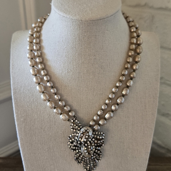 Vtg Signed 40s 50s Miriam Haskell Baroque Pearl Multi Strand Necklace, 14" - Picture 10 of 16